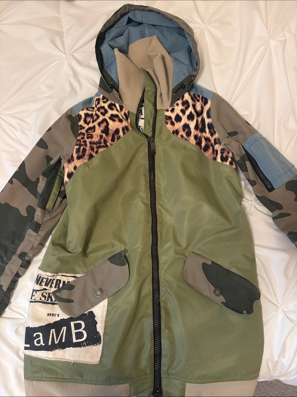 Womens Olive Green Mixed-Print Hooded Coat